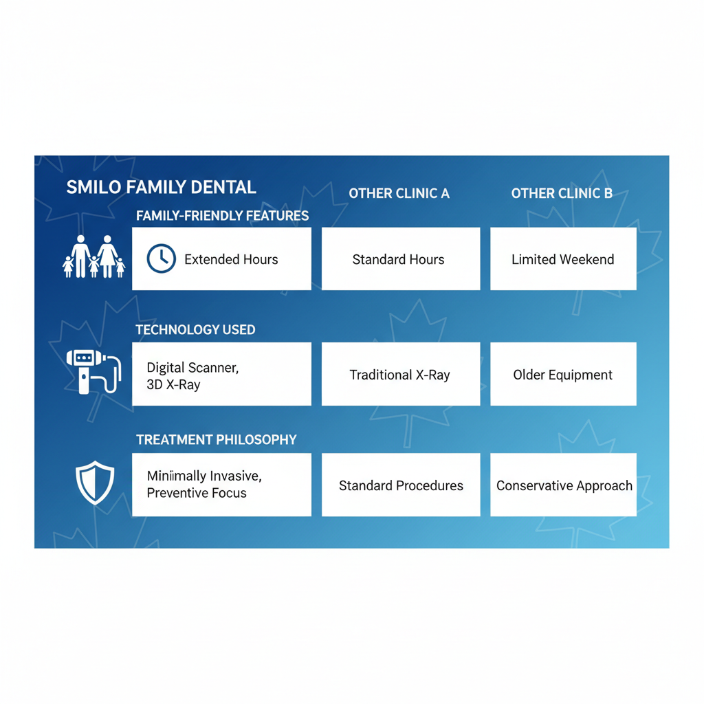Infographic comparing features of Smilo Family Dental and other clinics in London, Ontario, including family-friendly aspects, technology, and treatment philosophy.