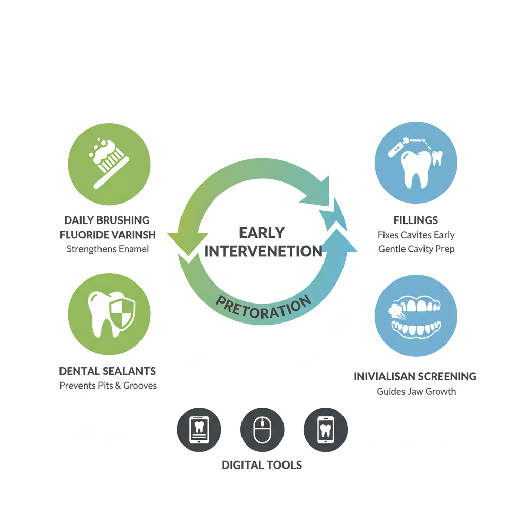 Infographic illustrating preventive and restorative pediatric dental treatments with icons and key benefits for children's oral health.