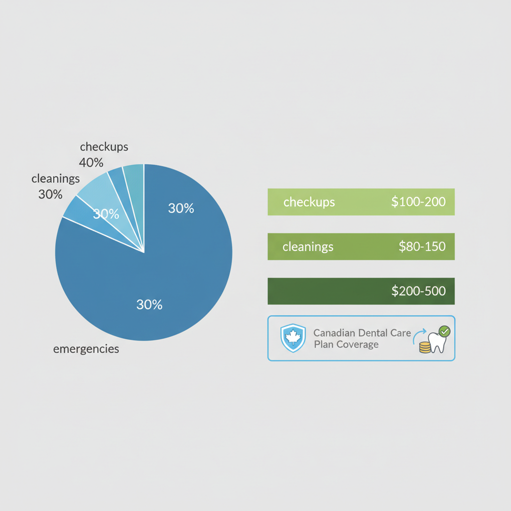 Infographic depicting pie chart of typical pediatric dental expense breakdown and bar graph of cost ranges for checkups, cleanings, and emergencies in Ontario, with Canadian Dental Care Plan coverage highlights.