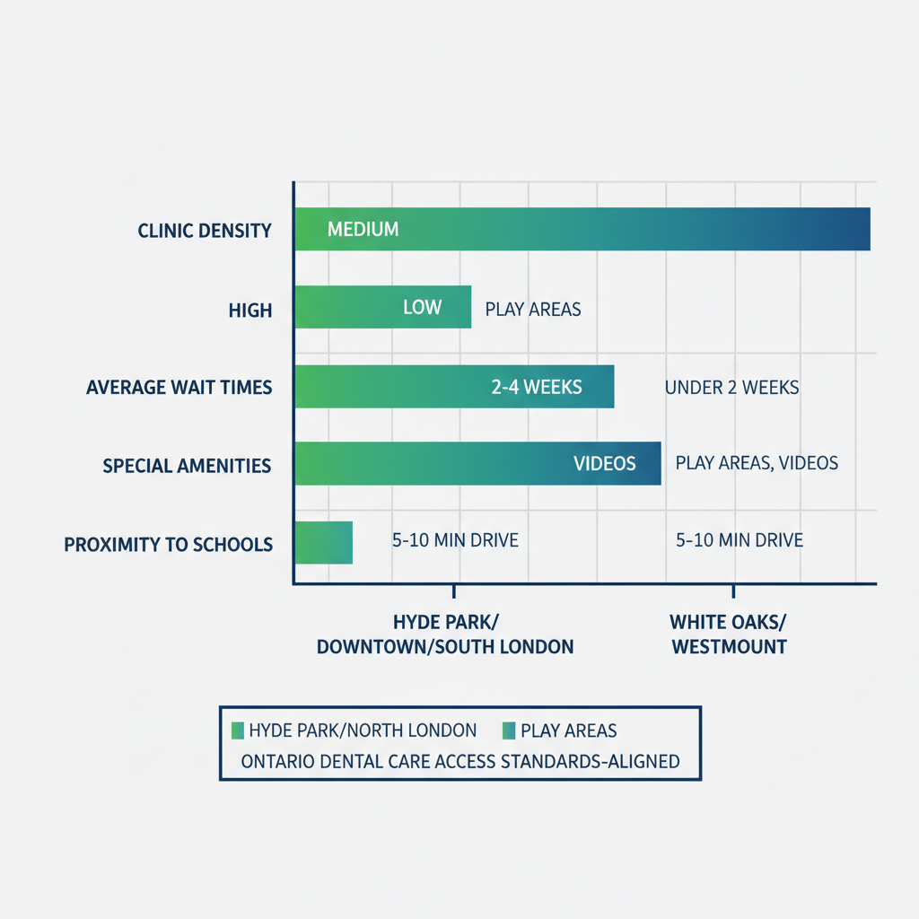 Horizontal bar chart comparing pediatric dental access metrics across three London neighborhoods