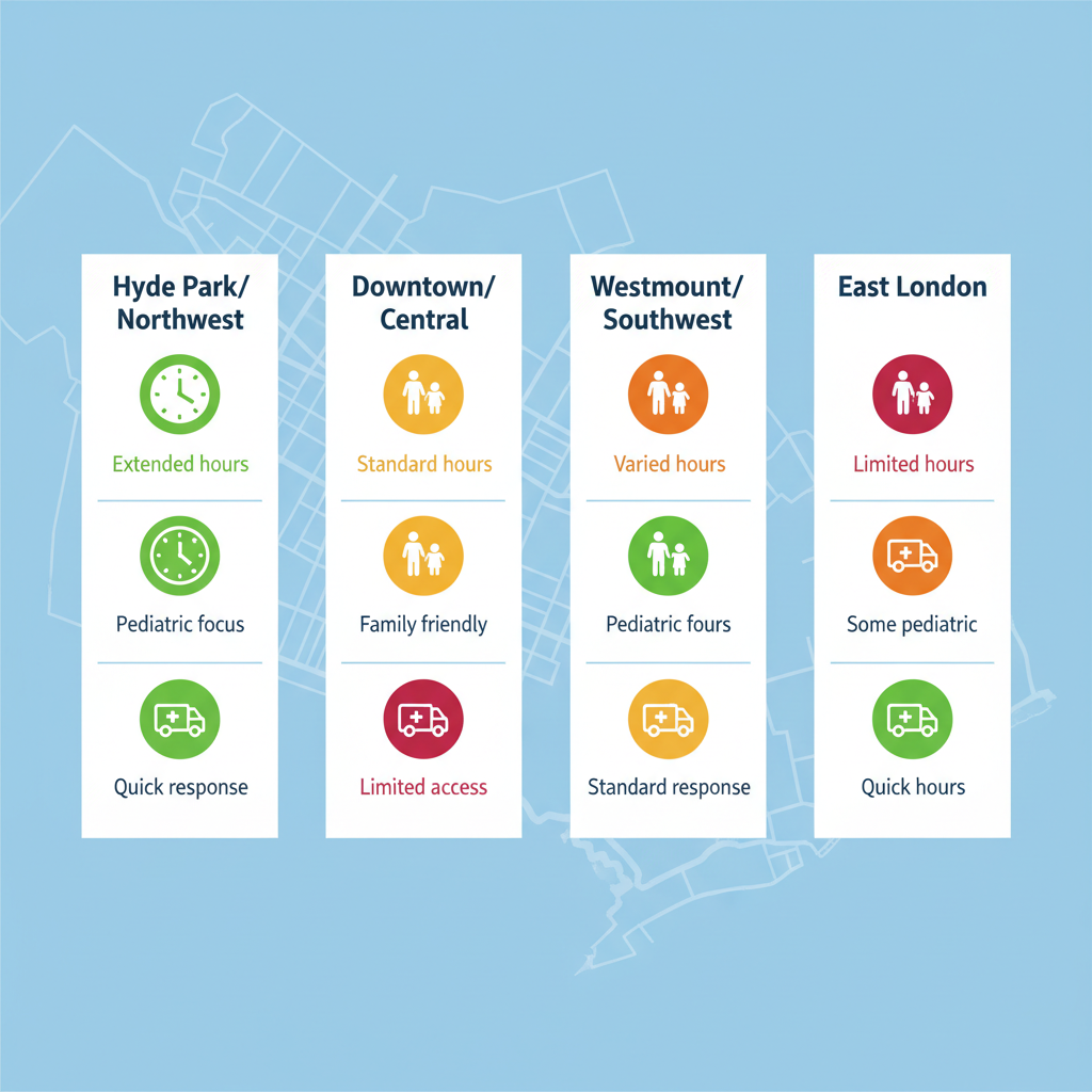 Infographic showing dental service availability comparison in London, Ontario neighborhoods with color-coded icons for checkups, pediatrics, and emergencies.