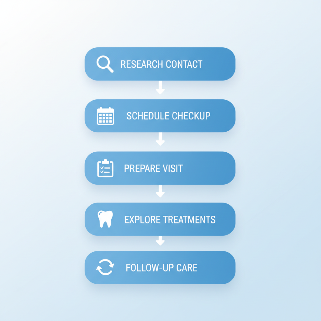 Vertical process flow illustrating five steps to begin family dental care with icons and brief labels