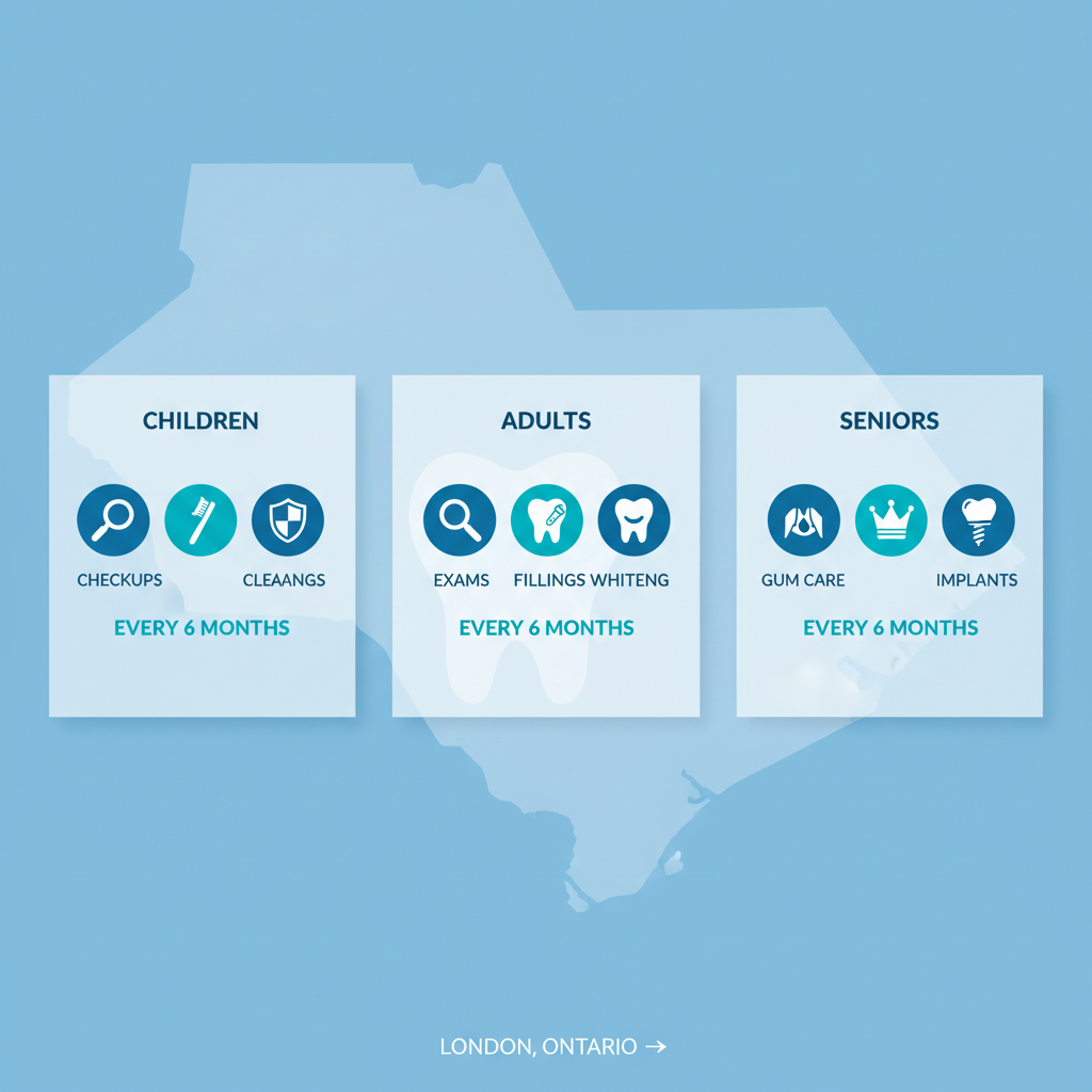 Infographic comparing dental care needs for children, adults, and seniors in London, Ontario with icons and frequencies.