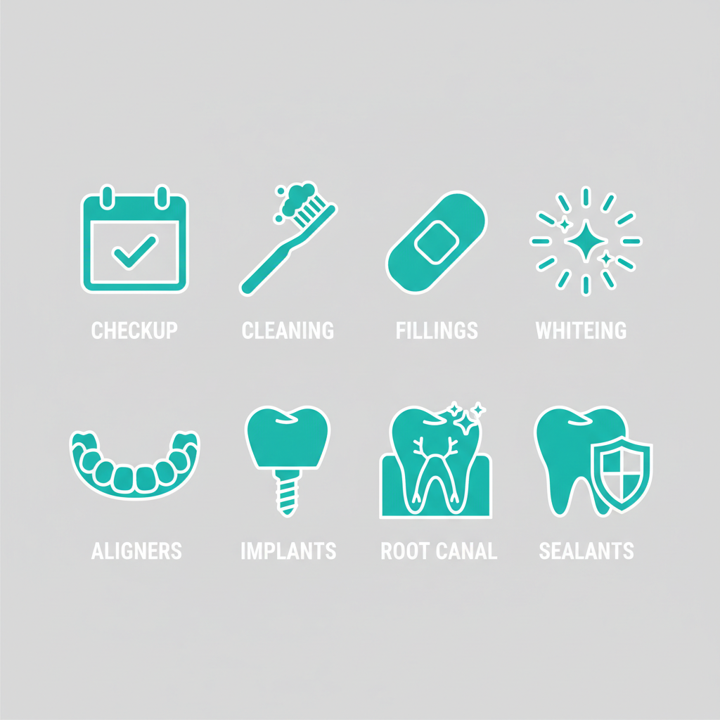 Grid of eight icons representing essential family dental services: checkup, cleaning, fillings, whitening, Invisalign, implants, root canal, and sealants.