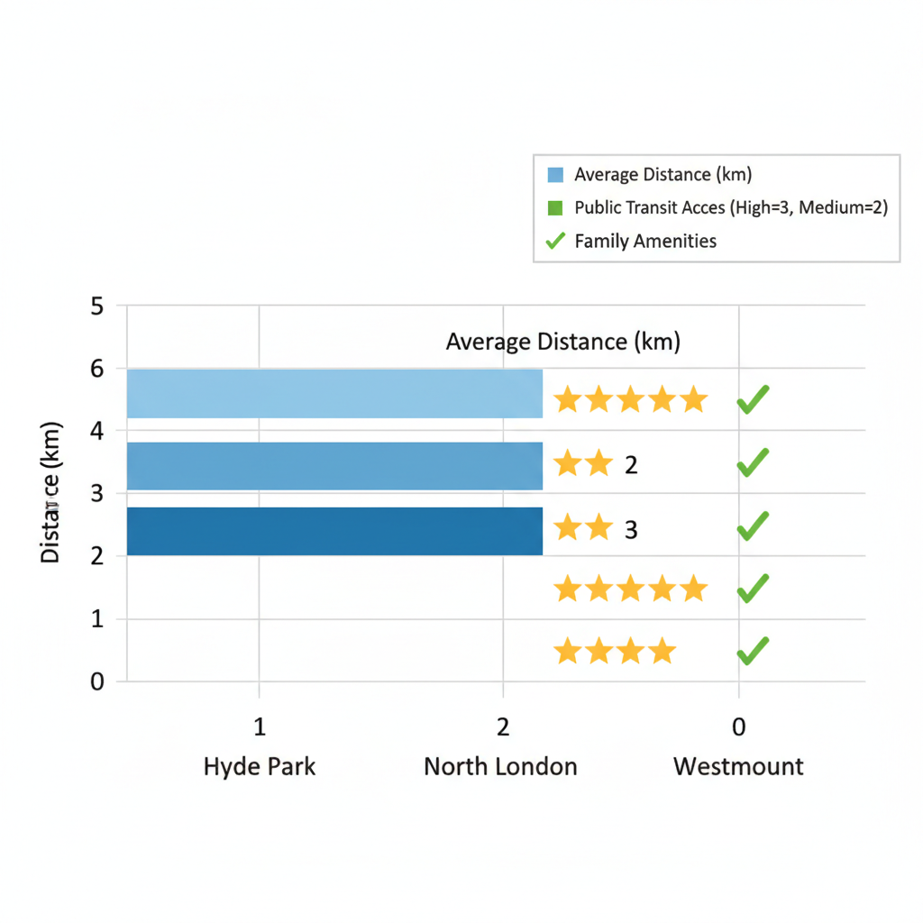 Horizontal bar chart comparing average distance to dental services, public transit access, and family amenities in three London, Ontario neighborhoods: Hyde Park, North London, and Westmount.