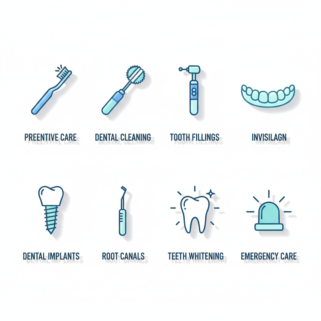 Grid of icons representing family dental services including preventive care, cleanings, fillings, Invisalign, implants, root canals, whitening, and emergency care