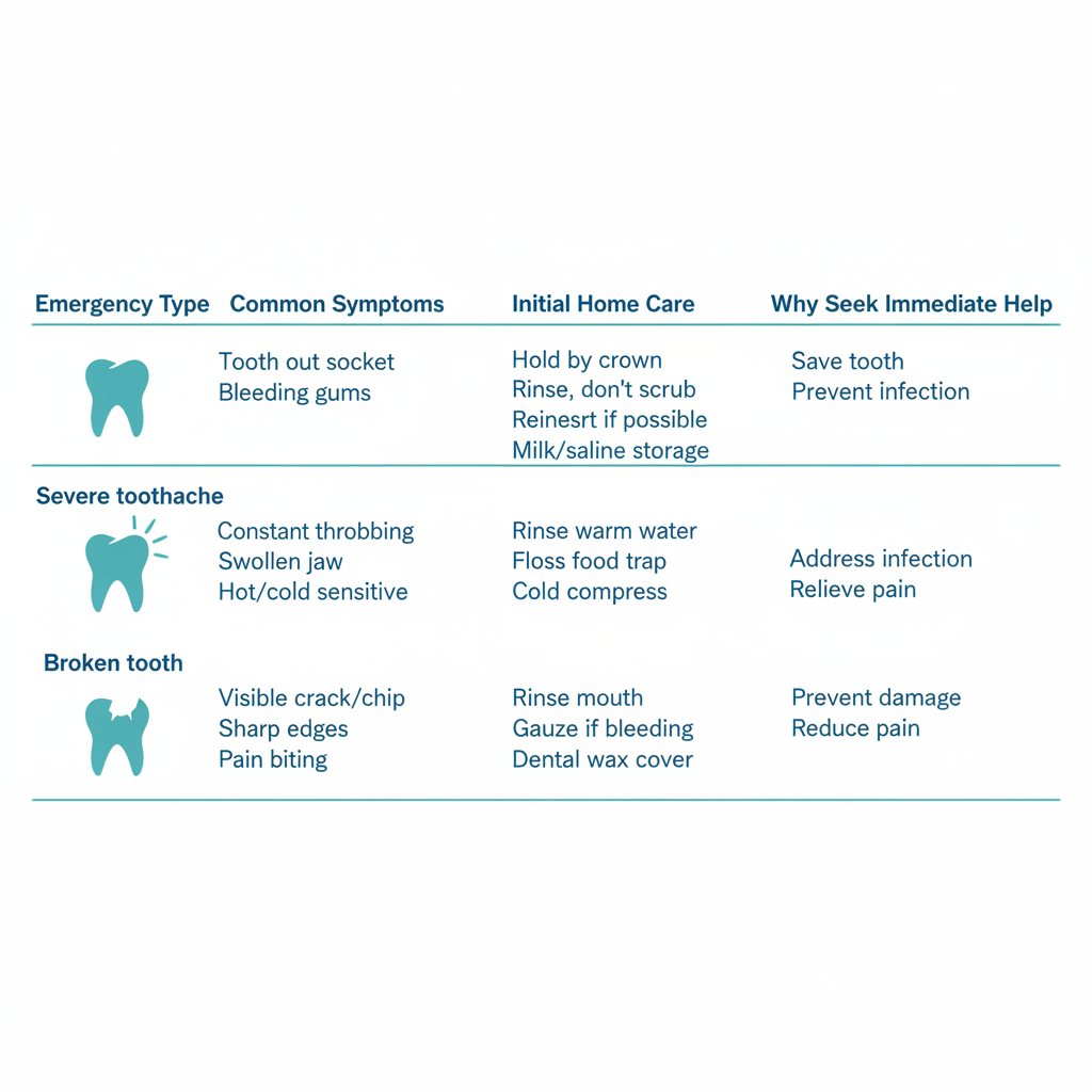 Infographic comparing common dental emergencies: knocked-out tooth, severe toothache, and broken tooth with symptoms, home care steps, and risks of delay.