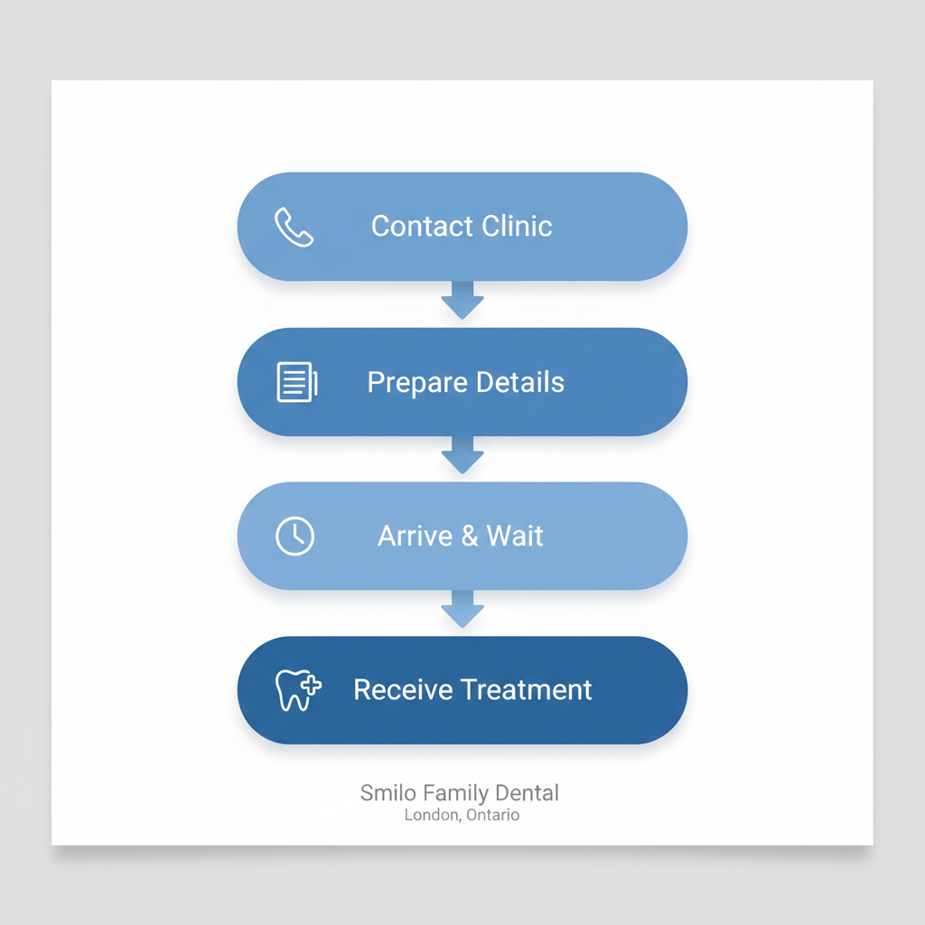 Vertical process flow diagram showing four steps for emergency dental care: contacting the clinic, preparing details, arriving and waiting, and receiving treatment.