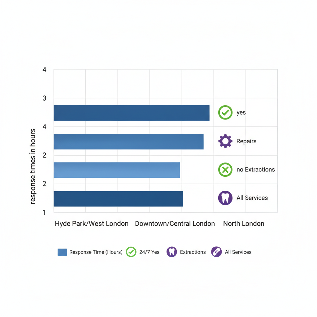 Horizontal bar chart showing emergency dental response times and services across London neighborhoods.