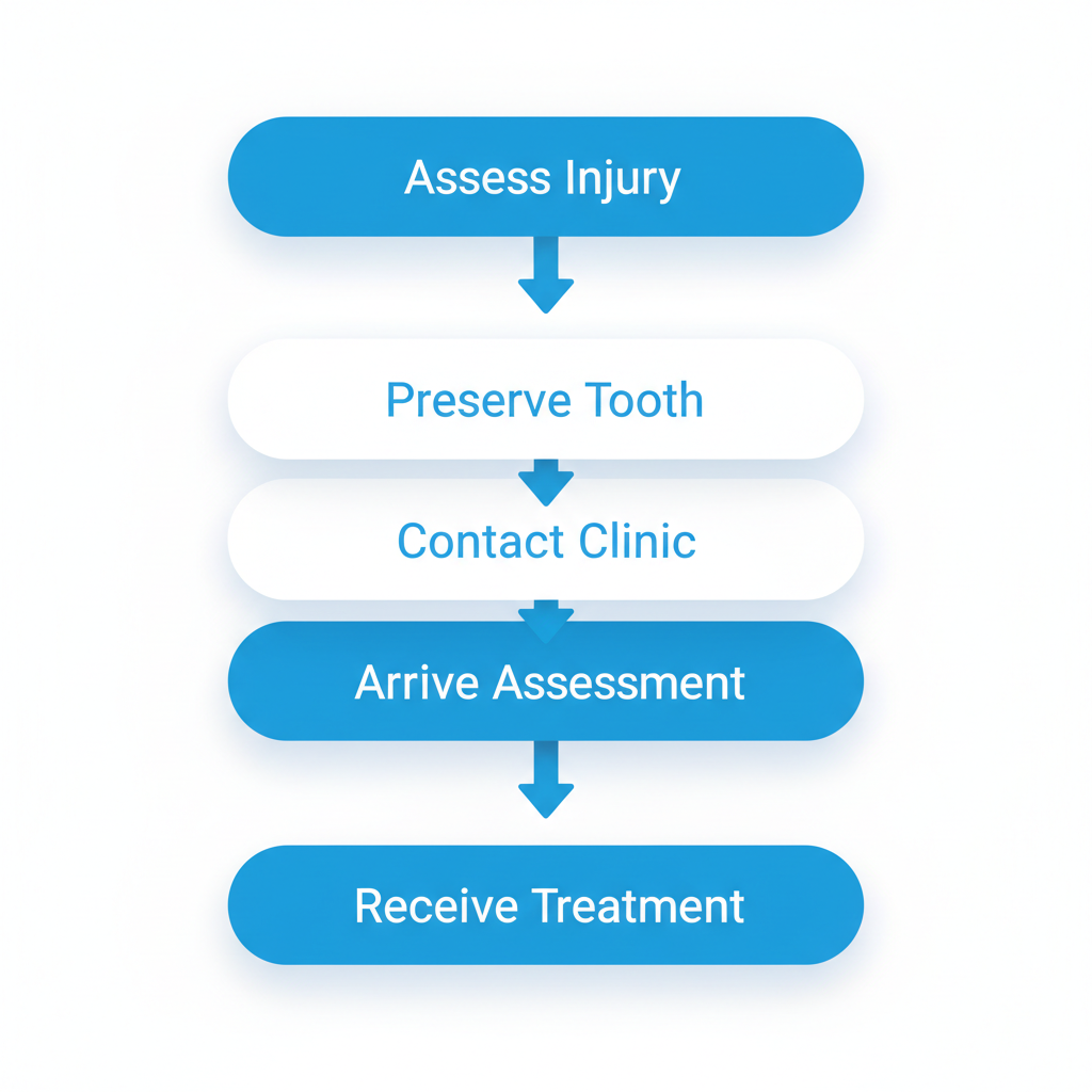 Vertical process flow illustrating five steps for handling dental emergencies: assess injury, preserve knocked-out tooth, contact clinic, arrive for assessment, and receive treatment.