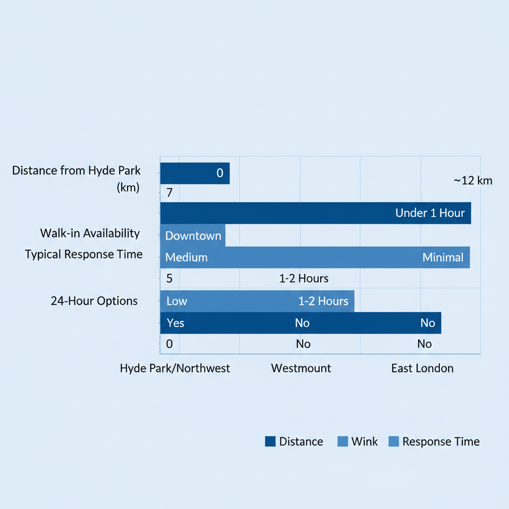 Horizontal bar chart showing emergency dental access comparison across London, Ontario areas including distances, walk-in availability, response times, and 24-hour options