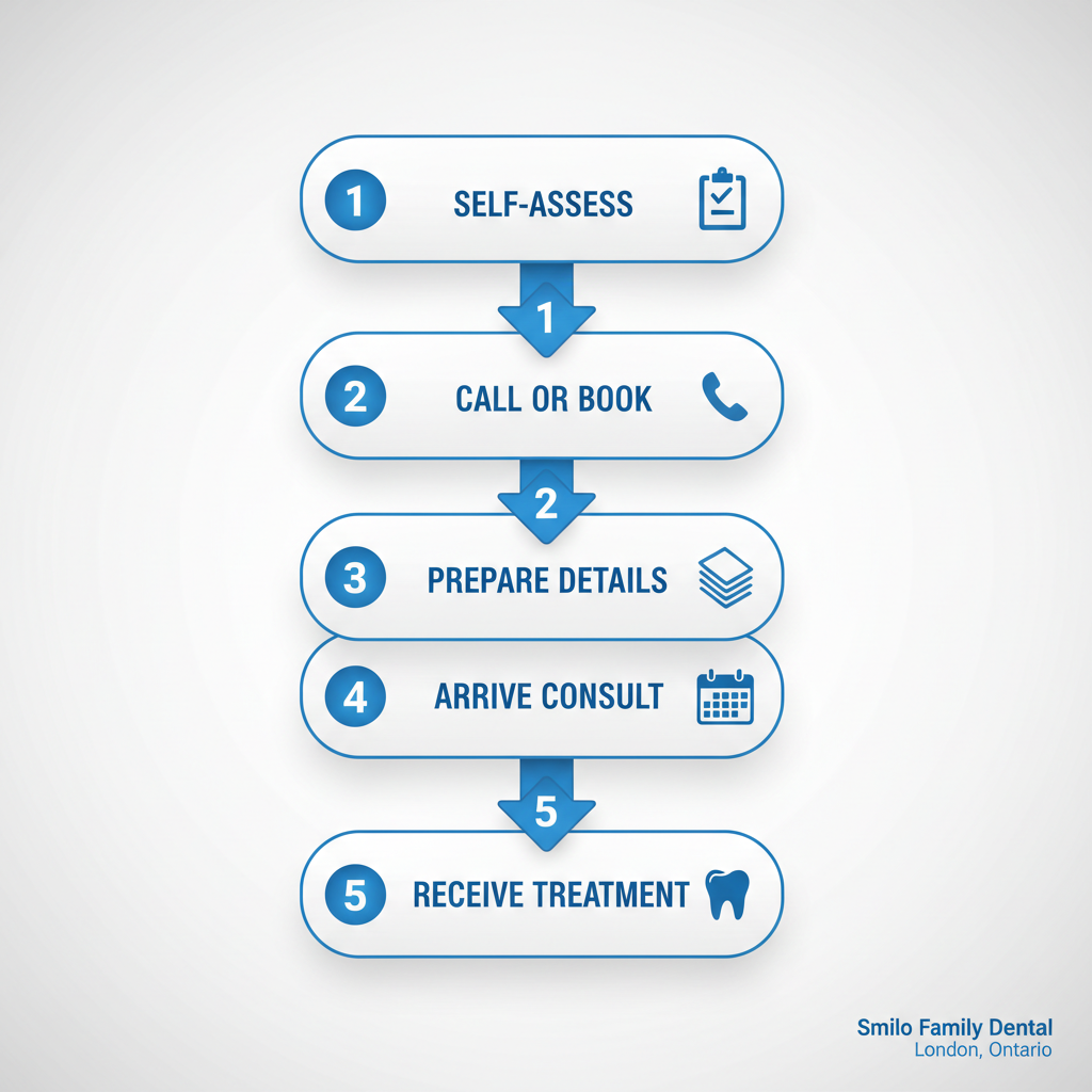 Vertical process flow diagram illustrating five steps to access emergency dental care: self-assessment, booking, preparation, arrival, and treatment with icons.