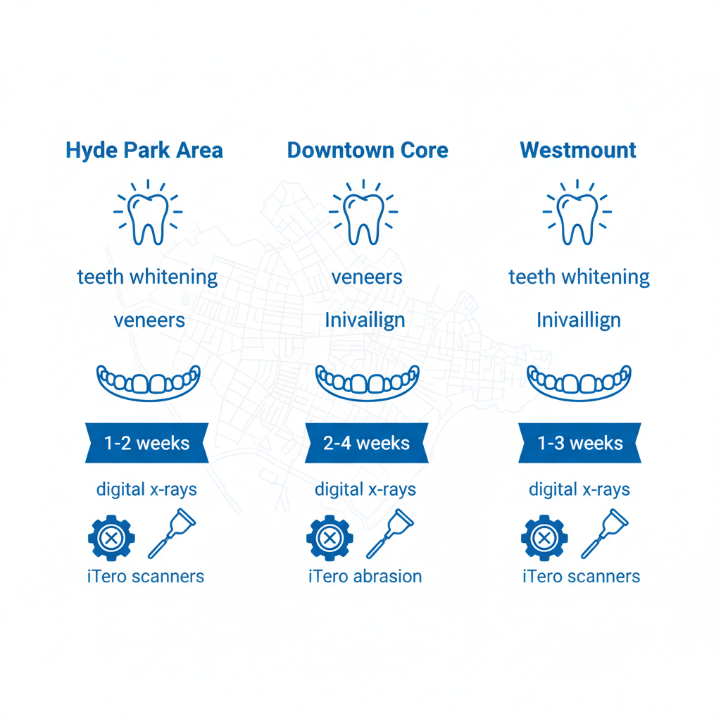 Infographic showing cosmetic dentistry access in London Ontario neighborhoods with procedure icons, wait times, and technology symbols.