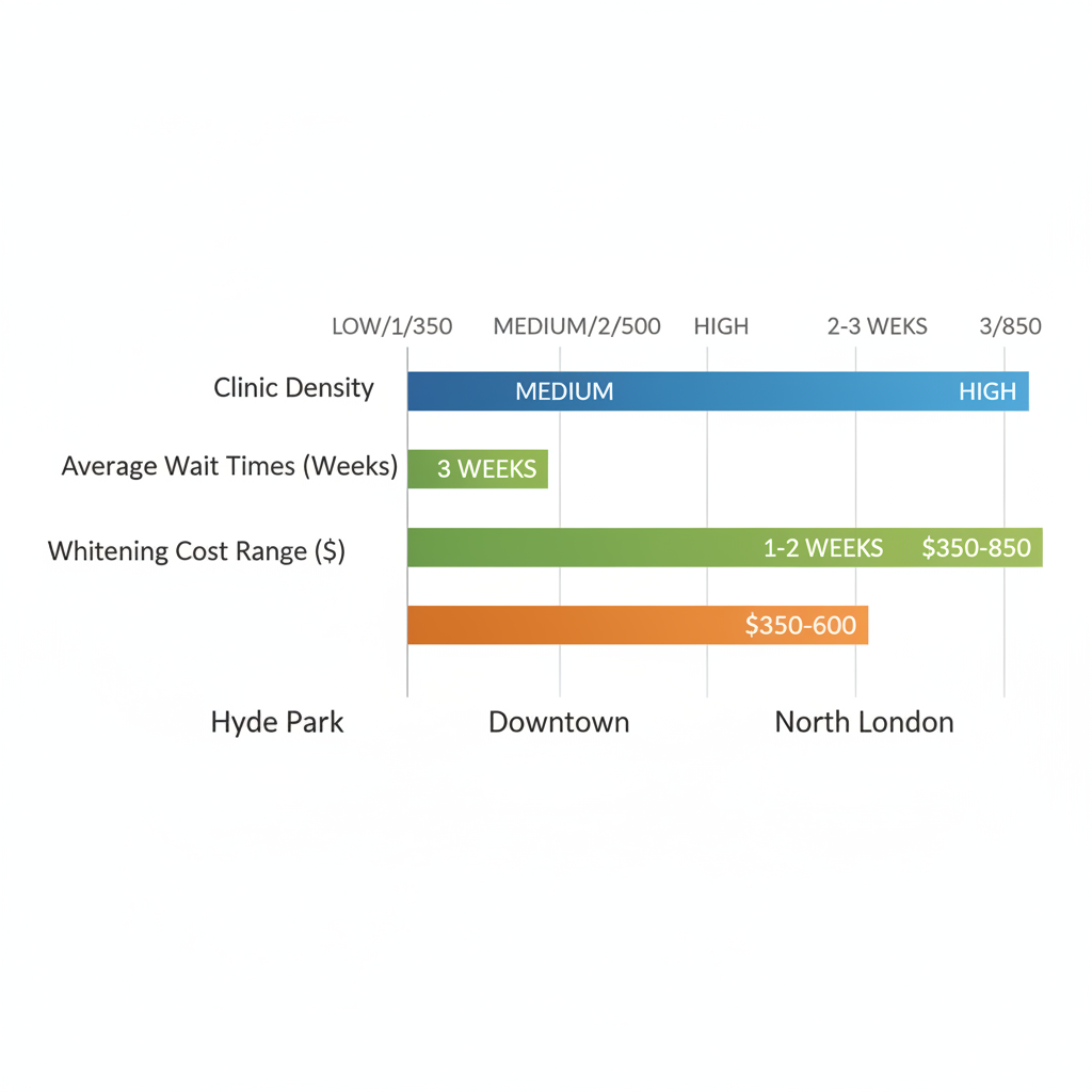 Horizontal bar chart comparing cosmetic dentistry clinic density, wait times, and costs across London, Ontario neighborhoods: Hyde Park, Downtown, and North London.