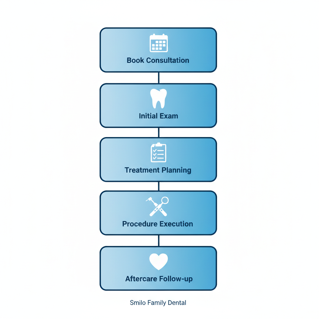 Vertical process flow diagram showing five steps to begin cosmetic dentistry: book consultation, initial exam, treatment planning, procedure execution, and aftercare follow-up with icons.