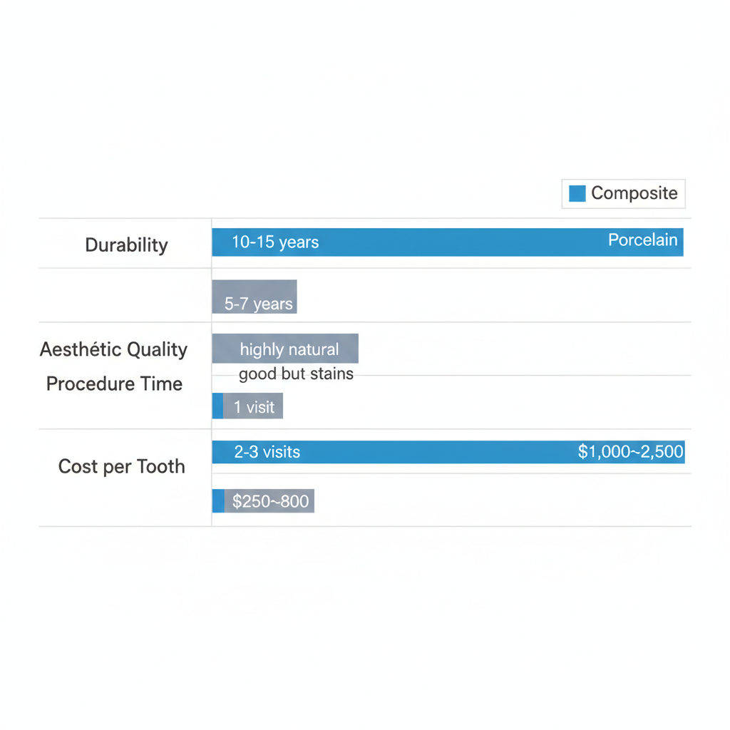 Horizontal bar chart comparing porcelain and composite veneers by durability, aesthetics, time, and cost