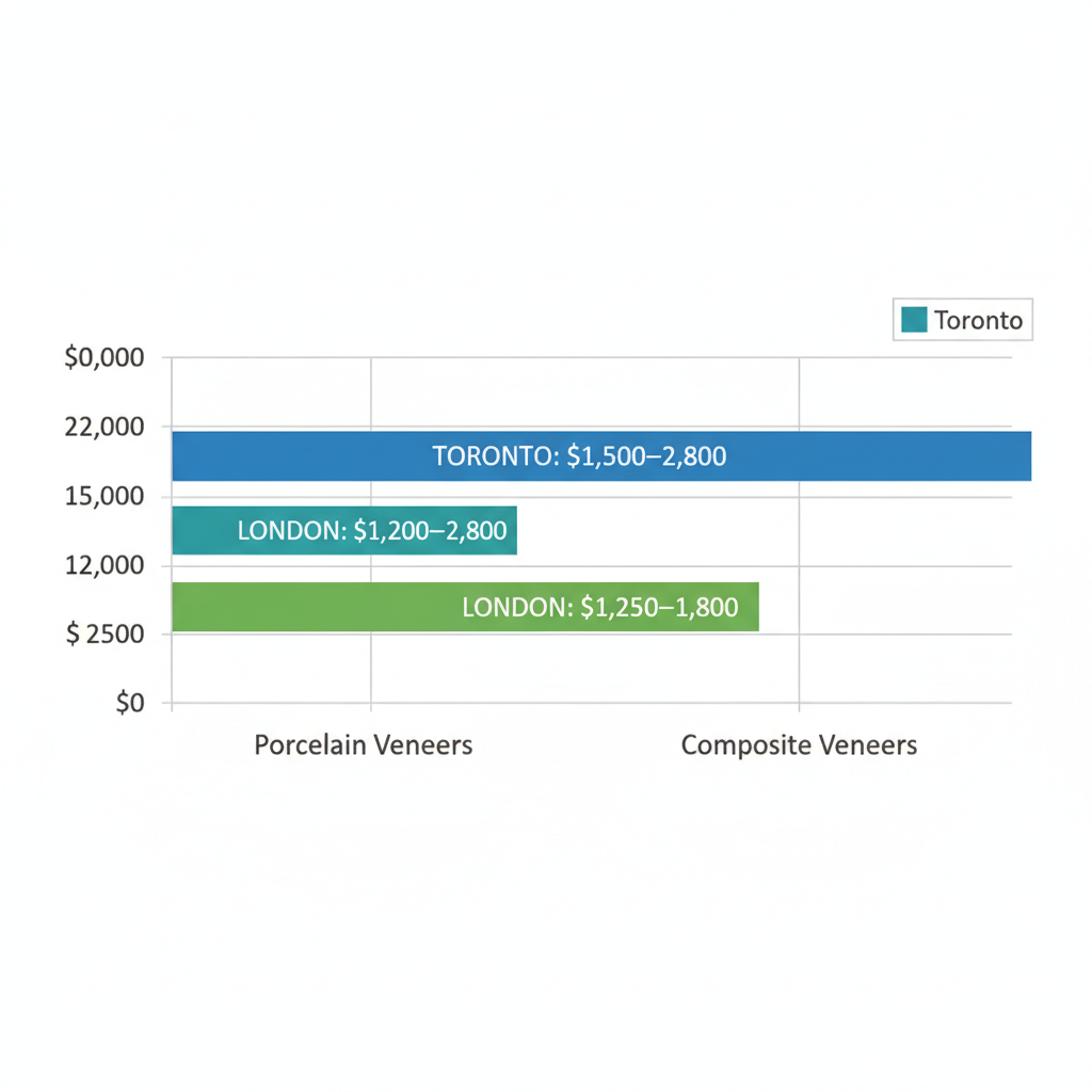 Horizontal bar chart comparing average porcelain and composite veneer costs per tooth in Toronto and London, Ontario, in Canadian dollars.