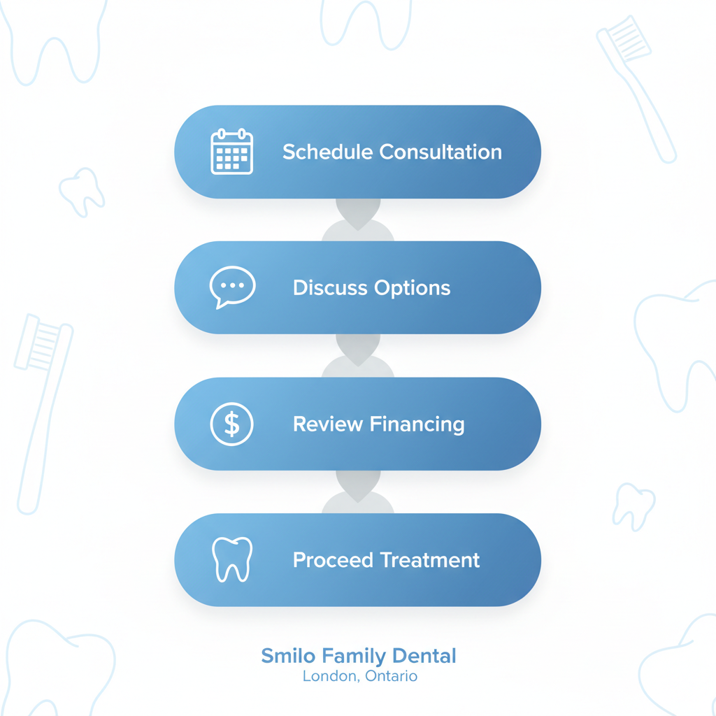 Vertical process flow diagram illustrating four steps to getting veneers: scheduling consultation, discussing options, reviewing financing, and proceeding with treatment, with icons for each stage.