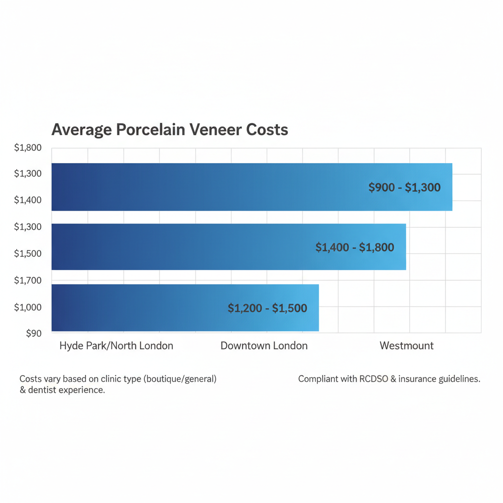 Horizontal bar chart comparing average porcelain veneers costs in Hyde Park/North London, Downtown London, and Westmount neighborhoods of London, Ontario, with cost ranges in CAD.