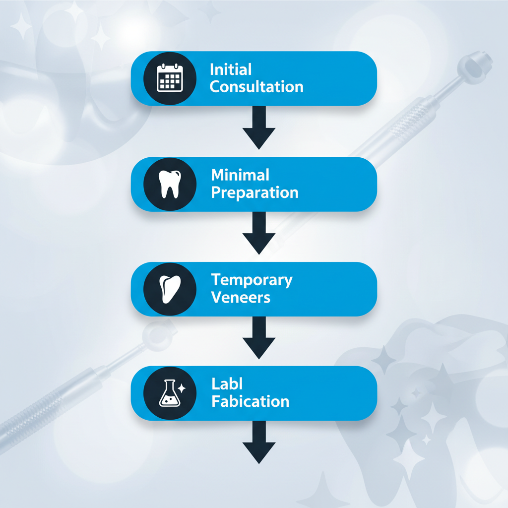 Vertical process flow diagram illustrating the five steps of porcelain veneers procedure in a dental clinic