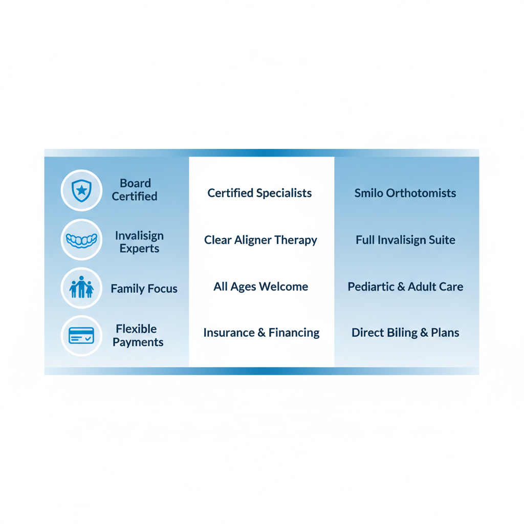 Infographic detailing qualifications and features for orthodontic care at Smilo Family Dental in London, Ontario