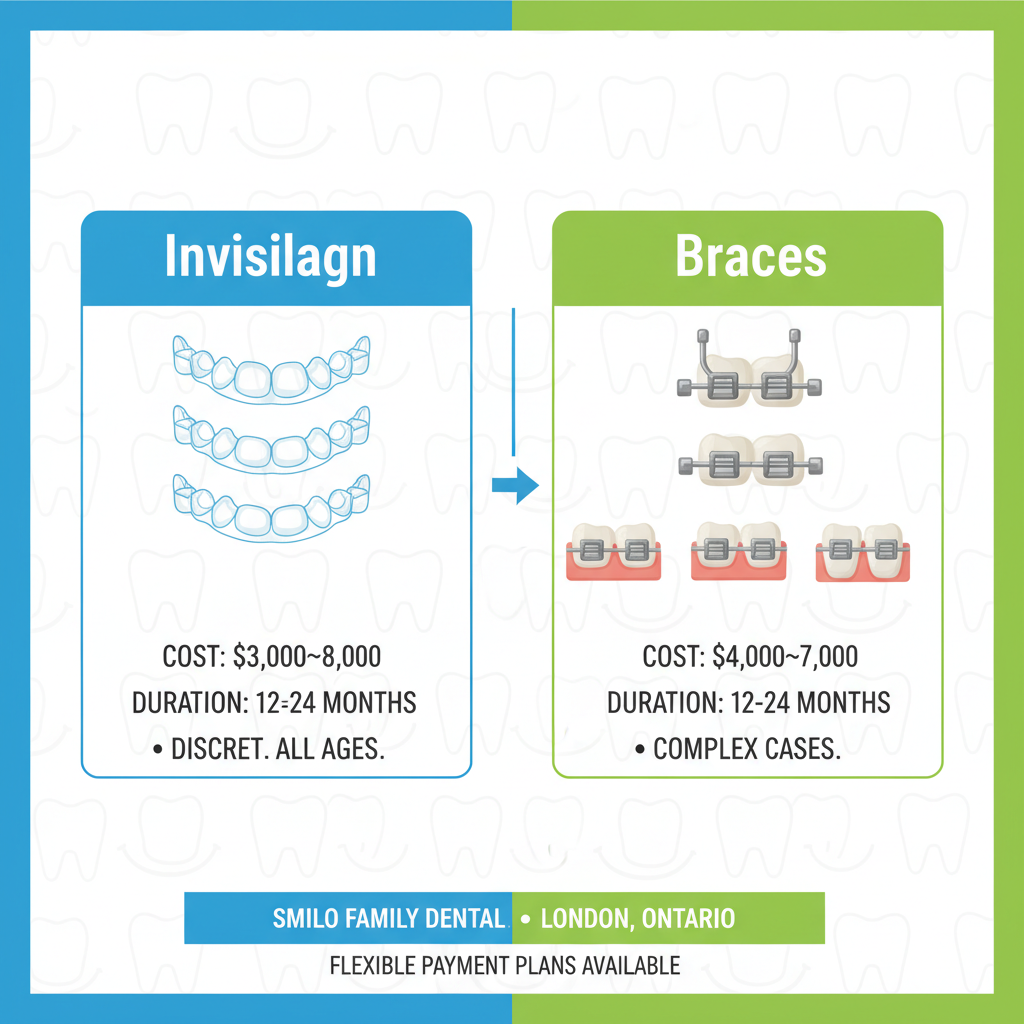 Infographic comparing Invisalign clear aligners and traditional braces options including costs and durations for orthodontic services.
