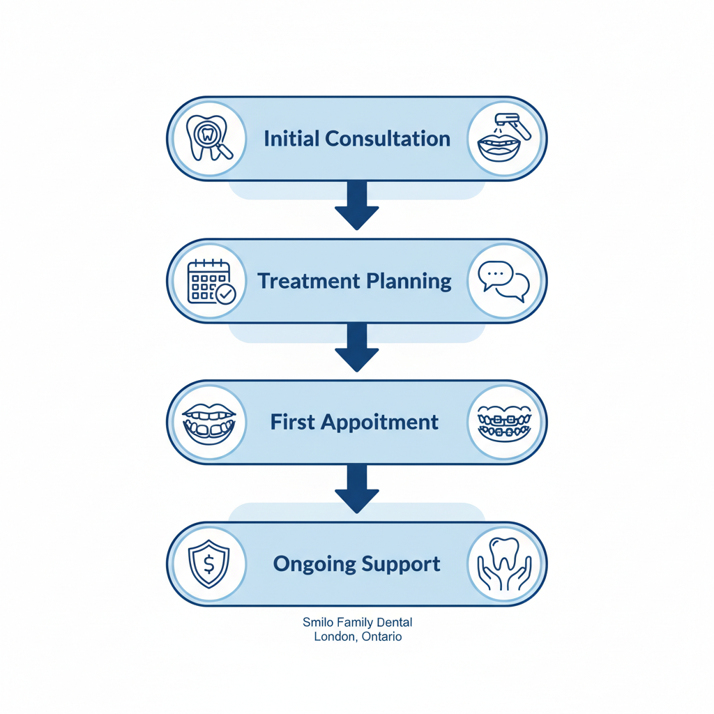 Vertical process flow diagram illustrating the four key stages of beginning orthodontic treatment at a family dental clinic.