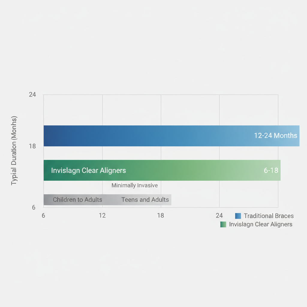 Horizontal bar chart comparing Traditional Braces and Invisalign durations and age suitability in London, Ontario