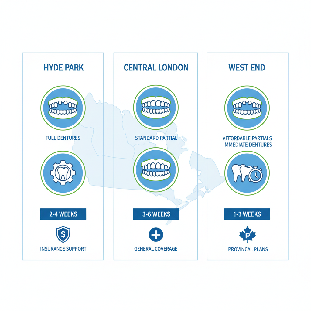 Infographic comparing denture services, timelines, and insurance in Hyde Park, Central London, and West End areas of London, Ontario
