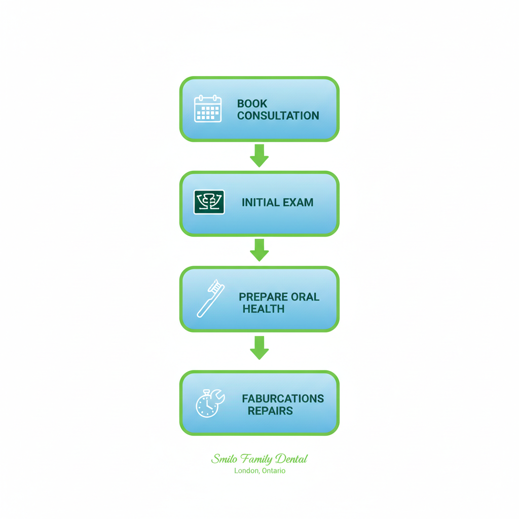 Vertical process flow diagram illustrating the five steps to obtain dentures at a family dental clinic in London, Ontario, featuring icons for consultation, exam, preparation, fabrication, and adjustments.