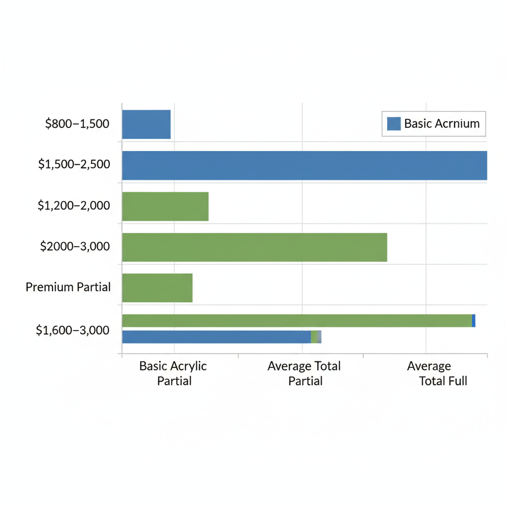 Horizontal bar chart comparing price ranges for partial and full dentures in London, Ontario clinics, in Canadian dollars