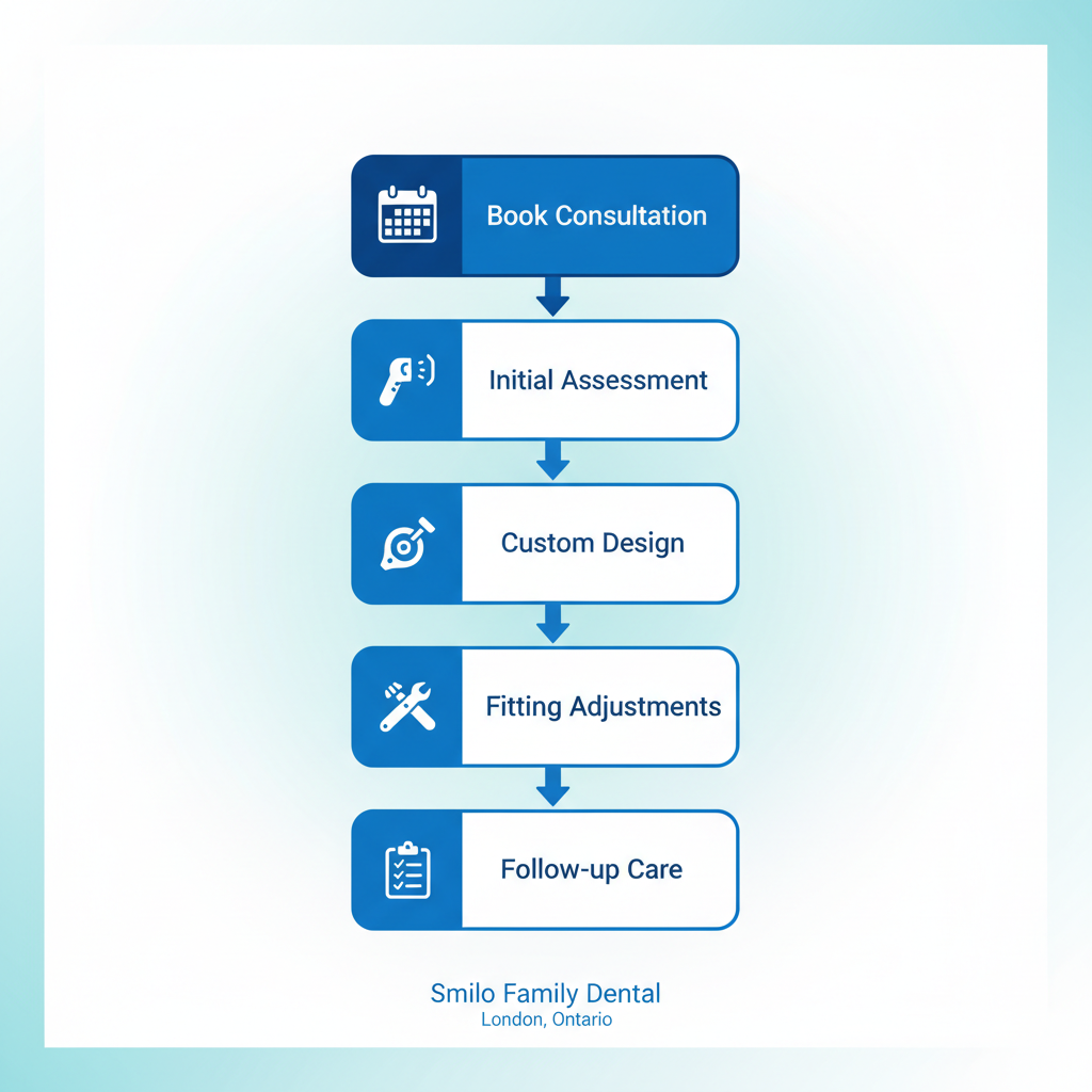 Vertical process flow diagram illustrating five steps to get dentures: book consultation, initial assessment, custom design, fitting and adjustments, follow-up care at a dental clinic.