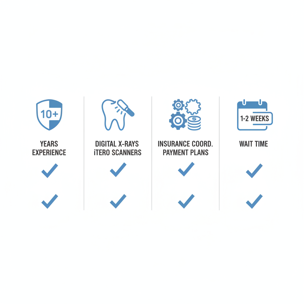 Infographic depicting essential factors for selecting dental implant clinics in London, Ontario, including experience, technology, patient support, and wait times.