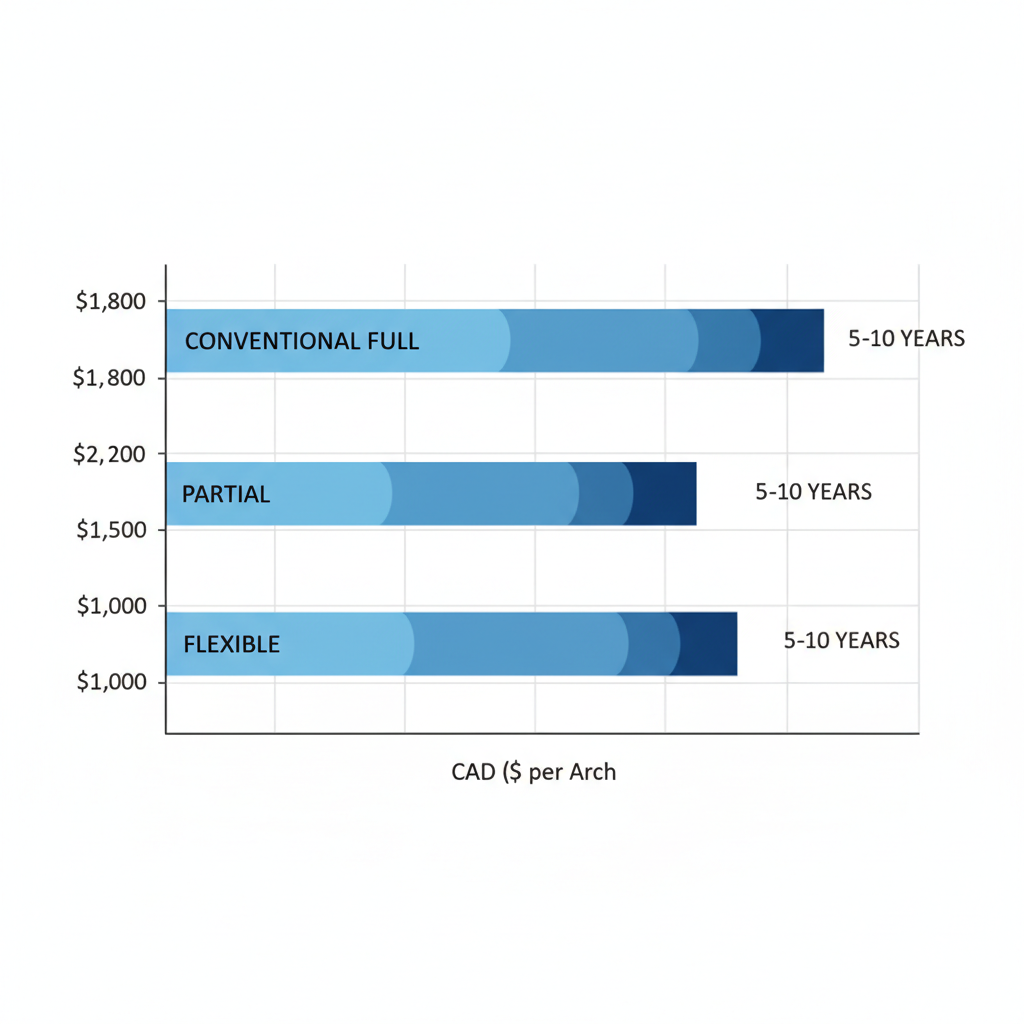 Horizontal bar chart of average denture costs by type in London, Ontario, including ranges and lifespans