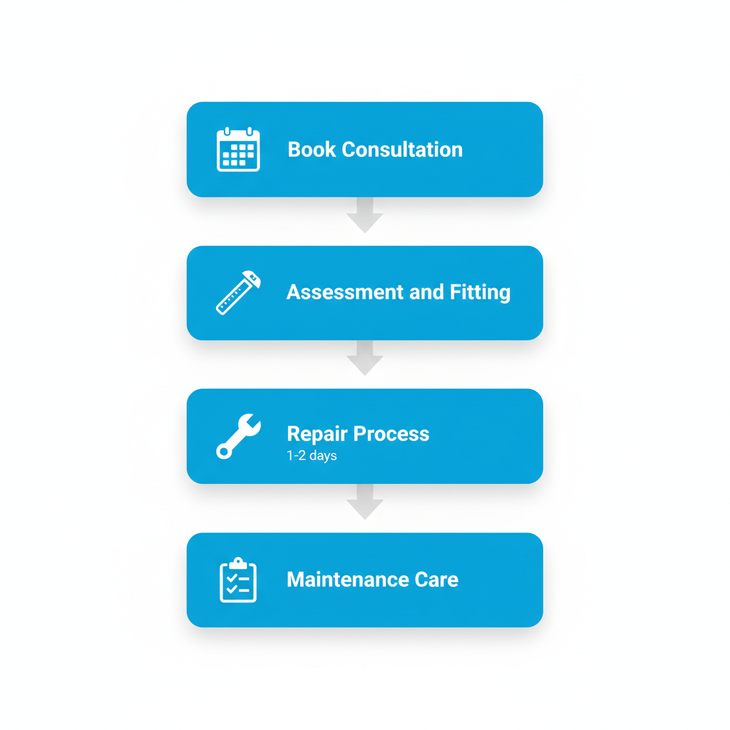 Vertical process flow diagram outlining steps for accessing denture services in London, Ontario