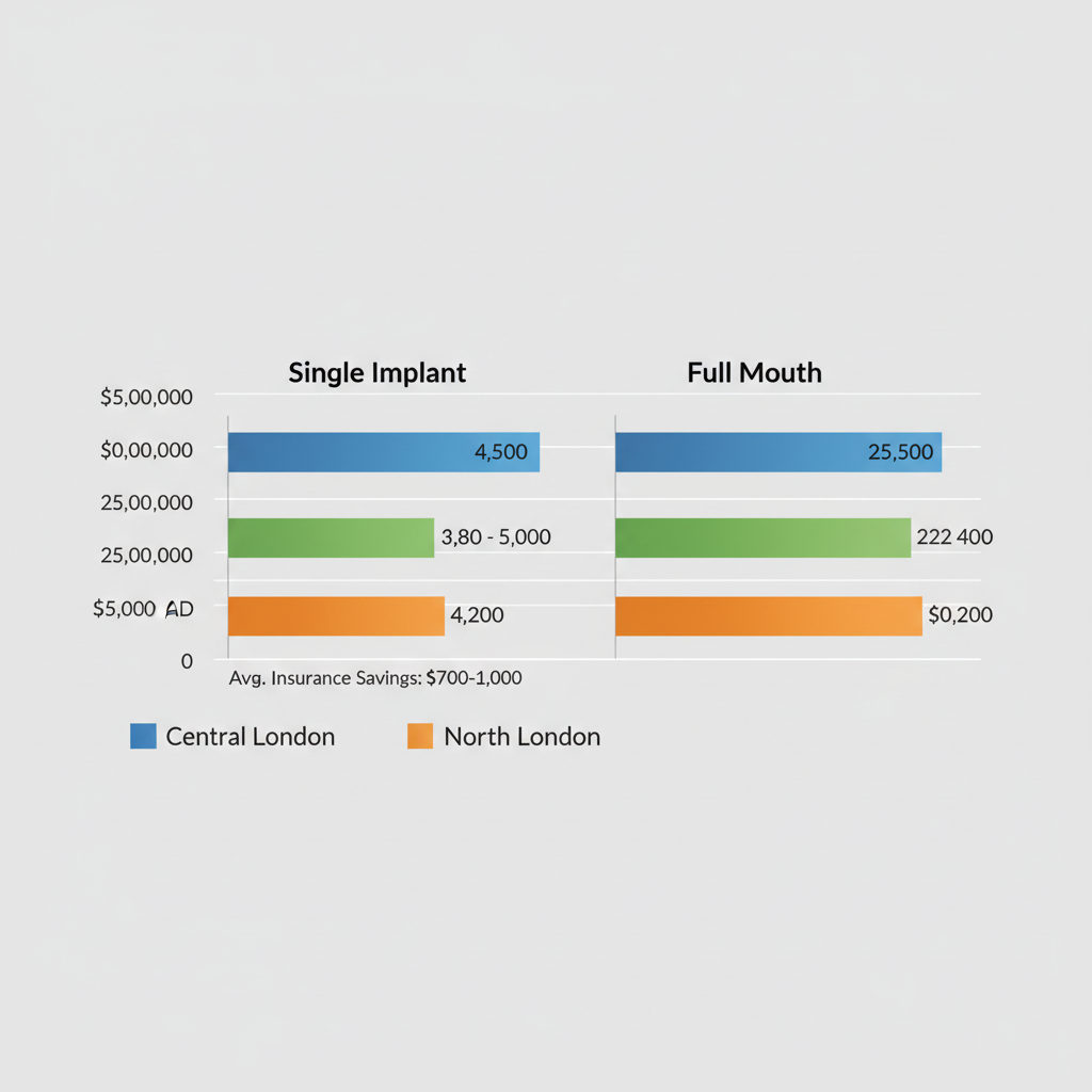 Horizontal bar chart comparing dental implant costs in Central, West, and North London areas with insurance savings noted
