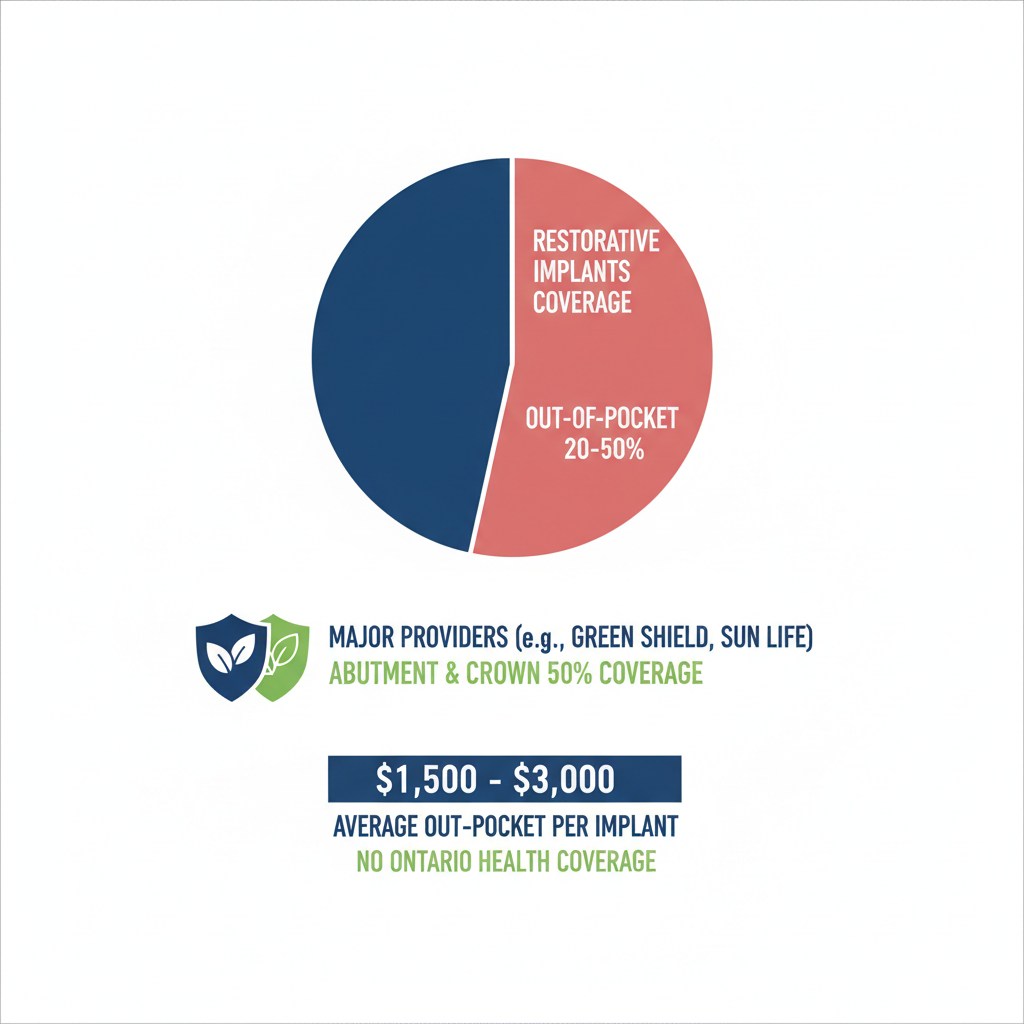 Infographic showing dental implant insurance coverage in Ontario with pie chart, provider icons, and cost breakdowns