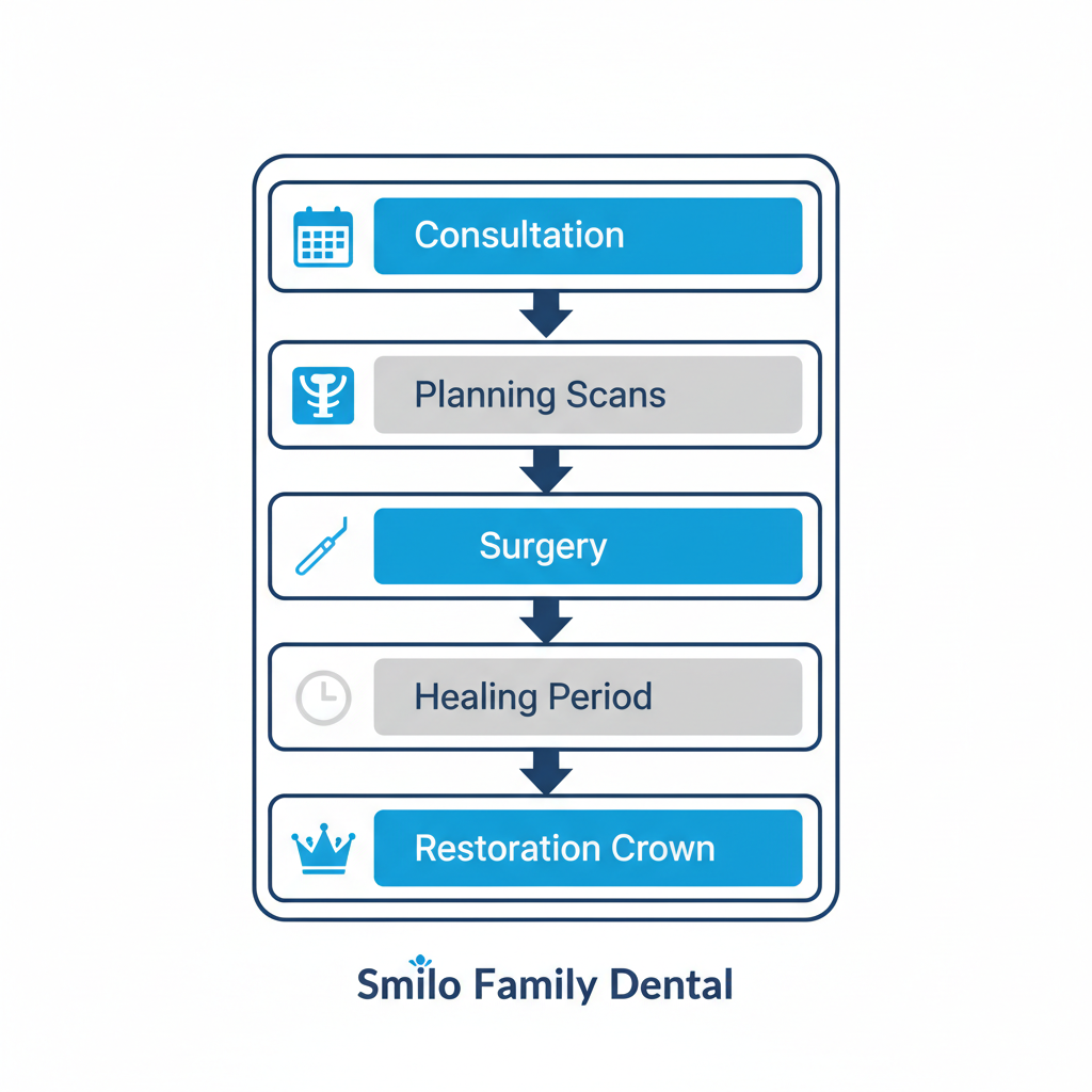 Vertical process flow diagram showing five stages of dental implant procedure: consultation, planning, surgery, healing, and restoration.