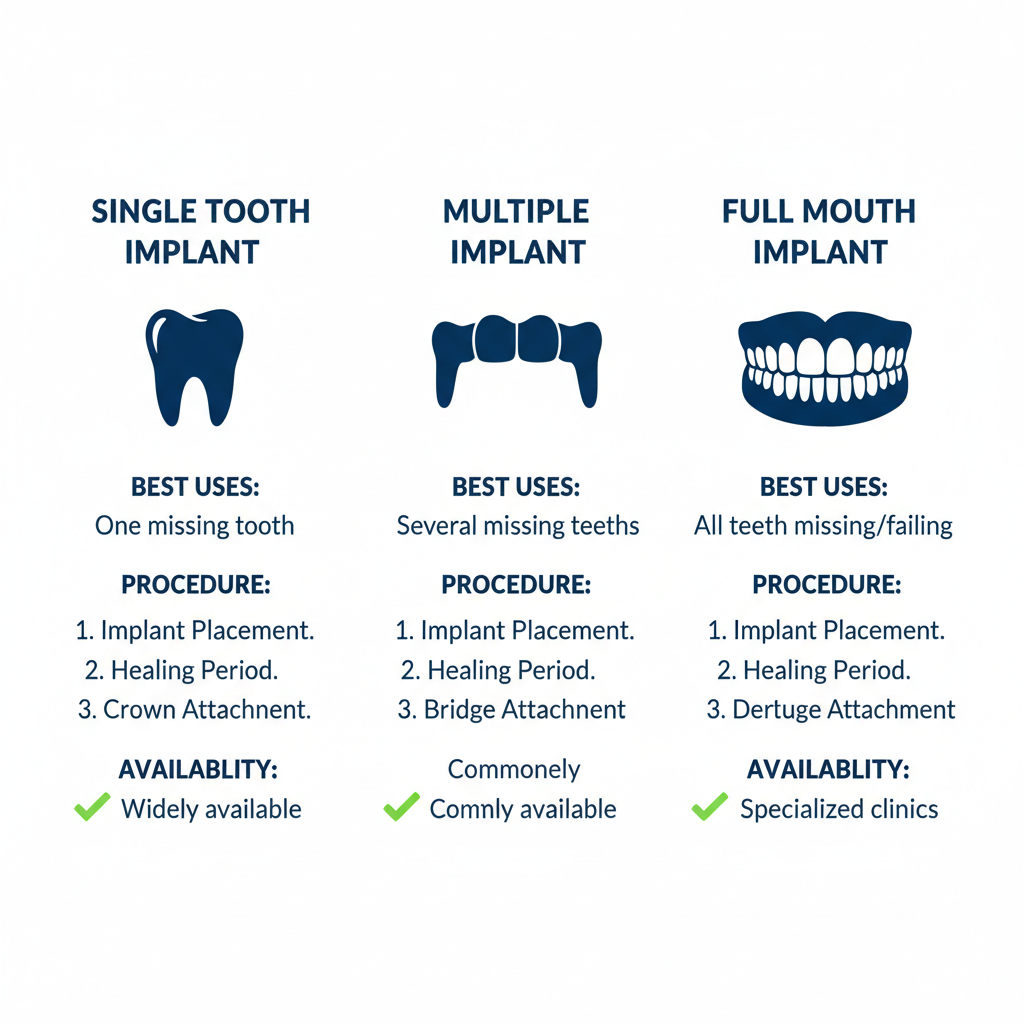 Infographic comparing single, multiple, and full mouth dental implant options available in London, Ontario