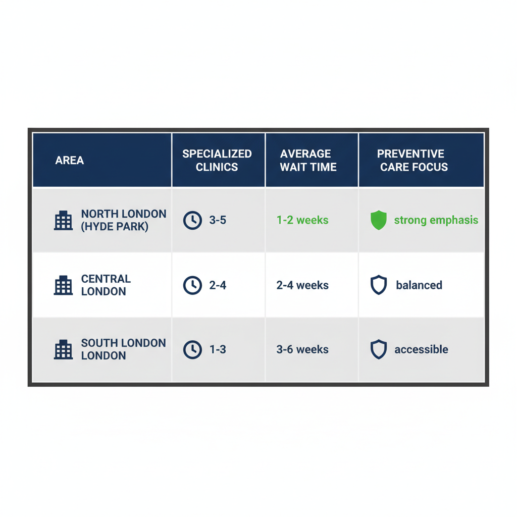 Infographic comparing pediatric dental clinics, wait times, and preventive care focus across North, Central, and South London areas