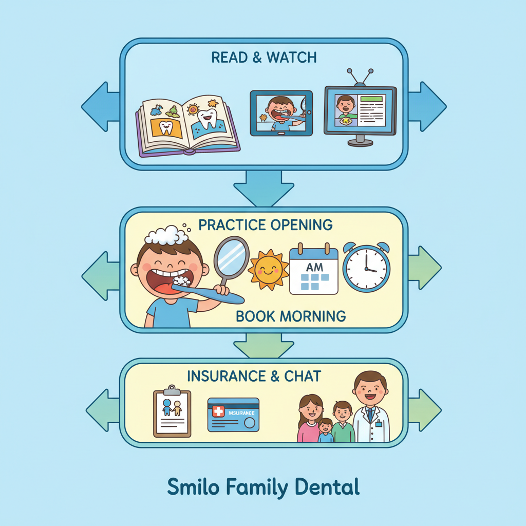 Vertical illustration of four steps to prepare for a child's first dental visit: reading books, practicing at home, booking appointment, and bringing documents.