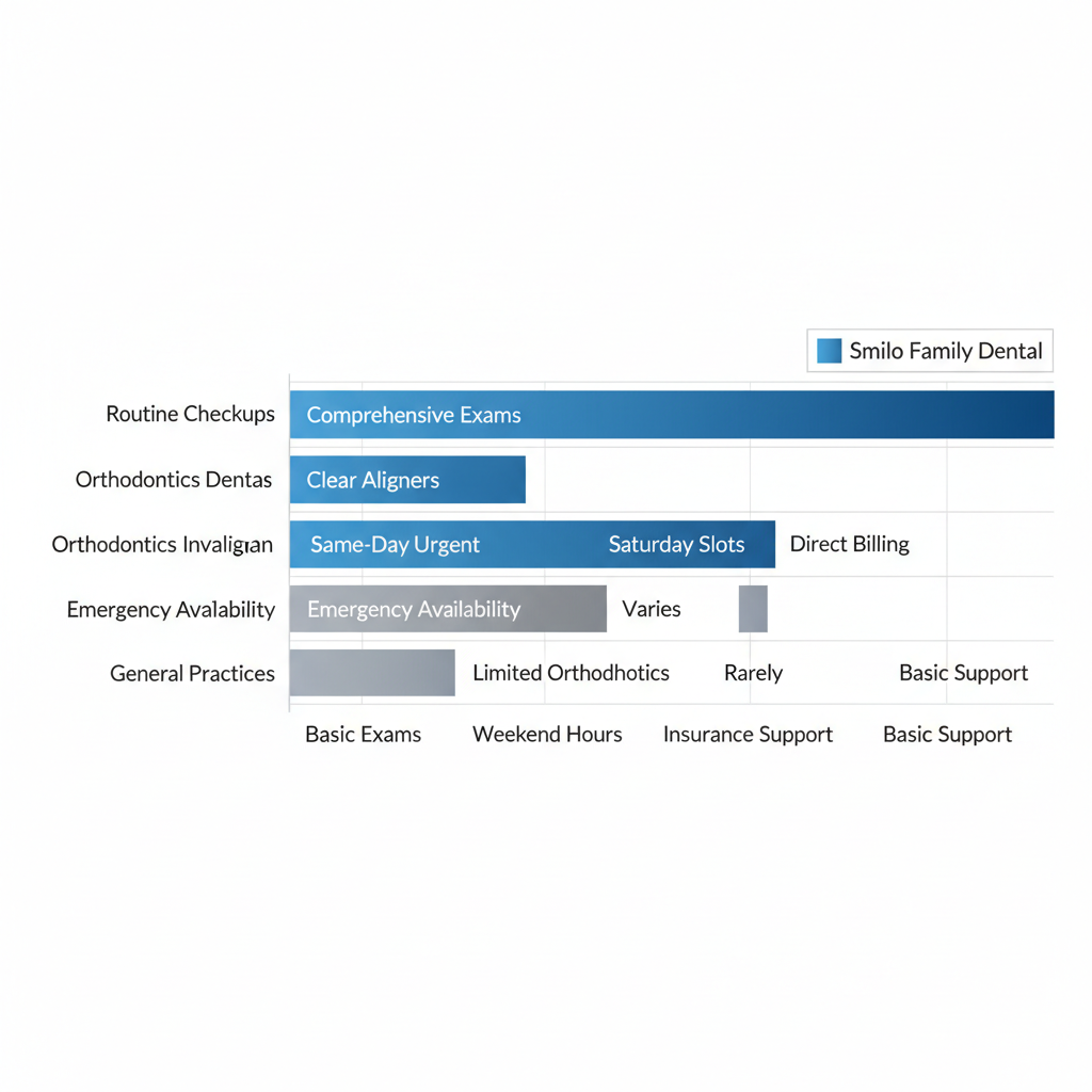 Horizontal bar chart comparing pediatric dental services offered by Smilo Family Dental versus general practices in London, Ontario, highlighting differences in routine checkups, orthodontics, emergency care, weekend availability, and insurance support.
