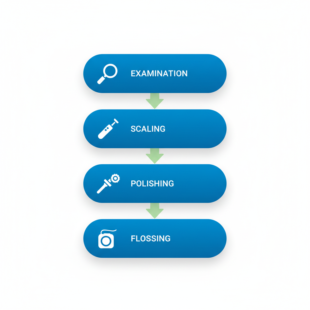 Vertical process flow diagram showing four steps of professional teeth cleaning: examination, scaling, polishing, and flossing with icons.