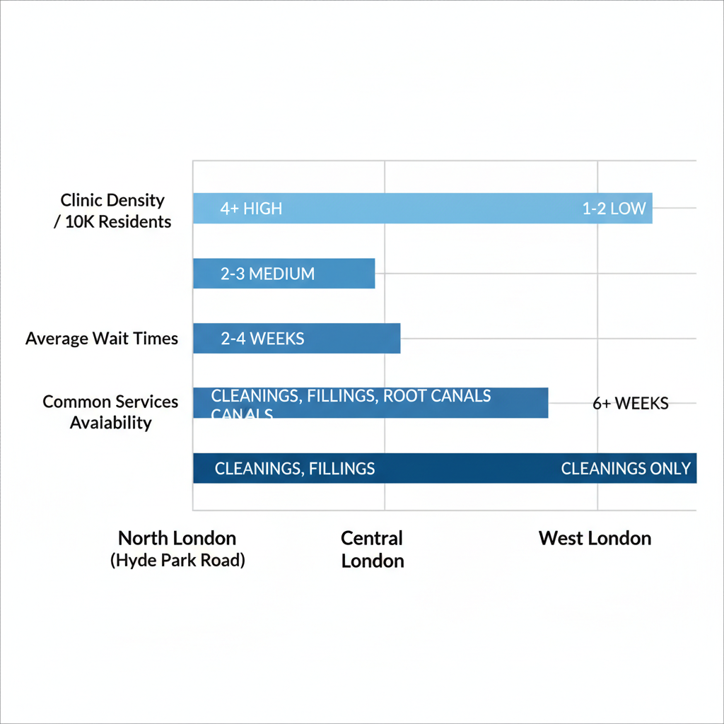 Horizontal bar chart comparing dental care metrics including clinic density, wait times, and services across London, Ontario neighborhoods