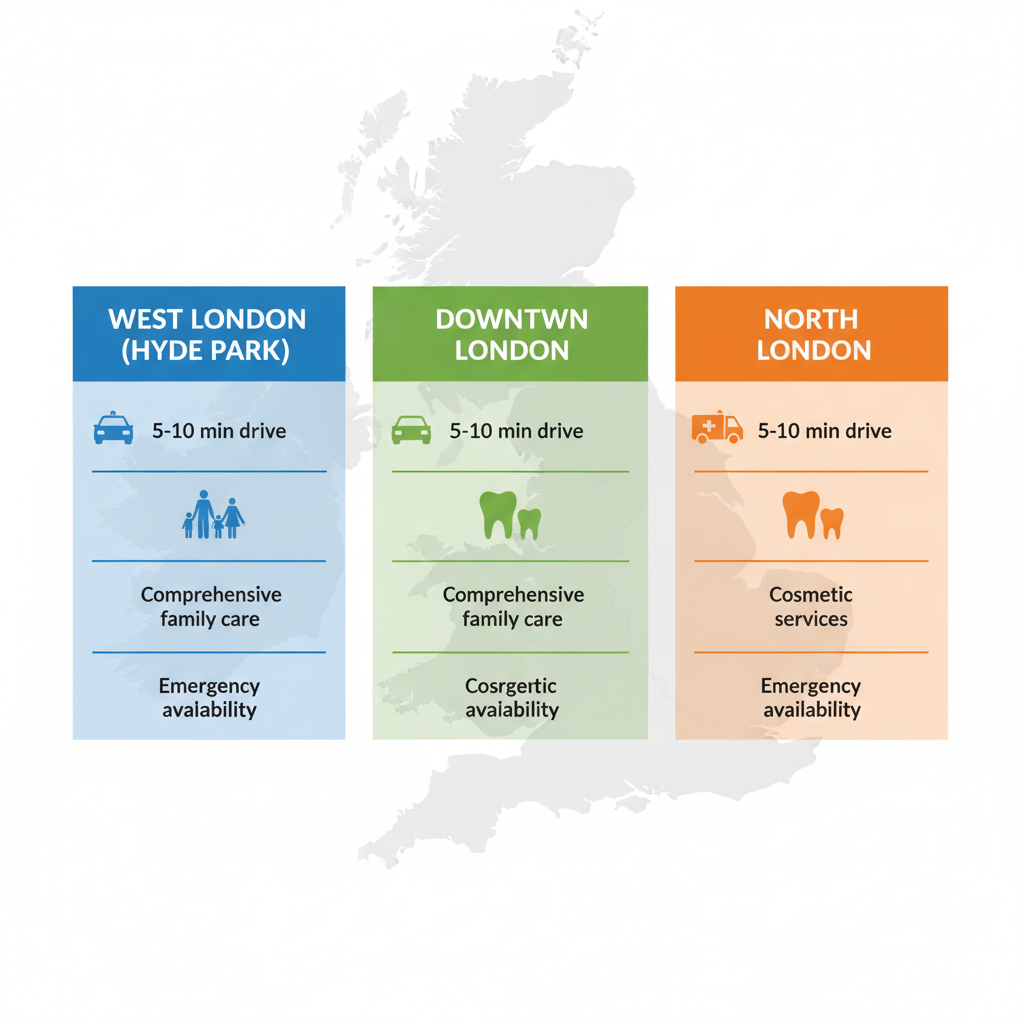 Infographic comparing dental service availability in West London, Downtown, and North London neighborhoods with icons for proximity, family care, cosmetics, and emergencies.