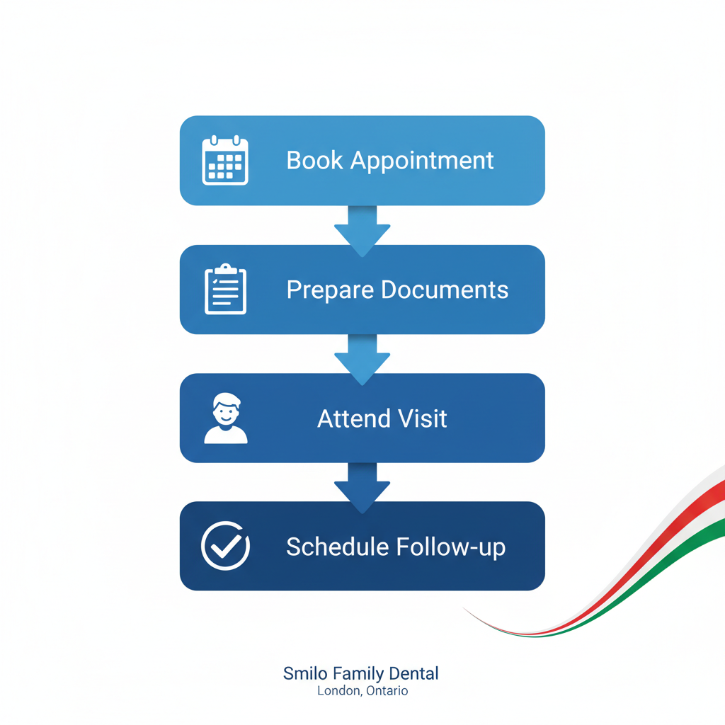 Vertical process flow diagram showing four steps to start family dental care: booking appointment, preparing documents, attending initial visit, and scheduling follow-up.
