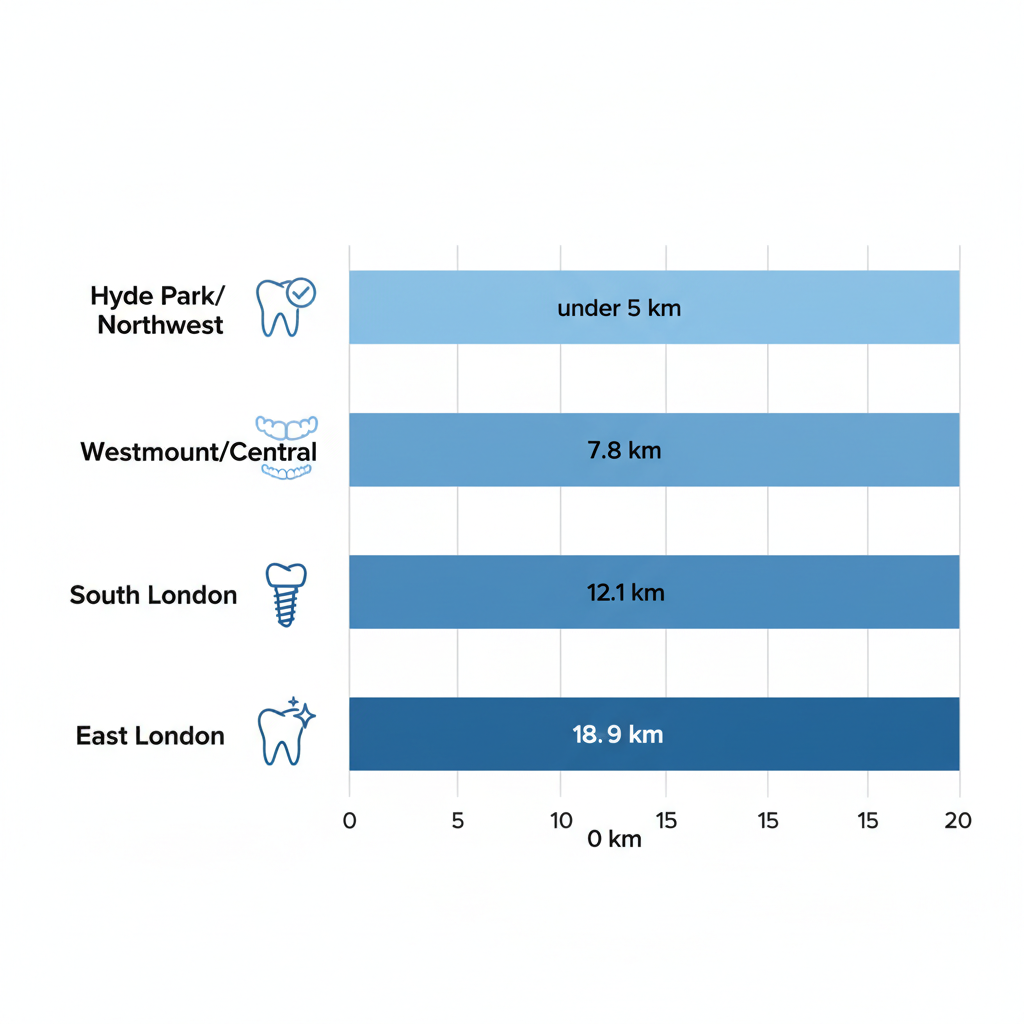 Horizontal bar chart depicting distances to Smilo Family Dental from London neighborhoods with service icons for checkup, aligners, implants, and cosmetics.