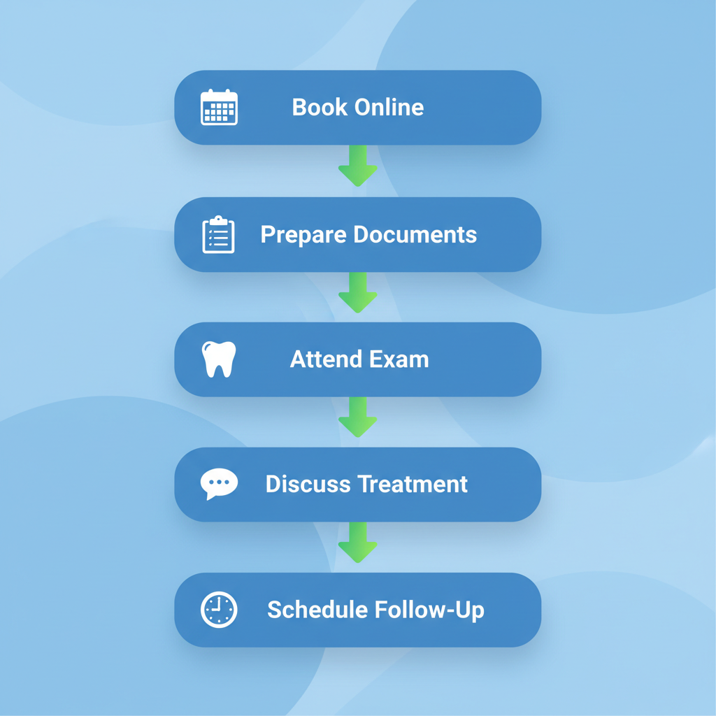 Vertical process flow diagram showing five steps to start family dental care at Smilo Family Dental.