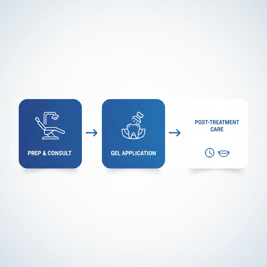 Horizontal process flow diagram of professional teeth whitening stages: preparation, treatment, and expectations.