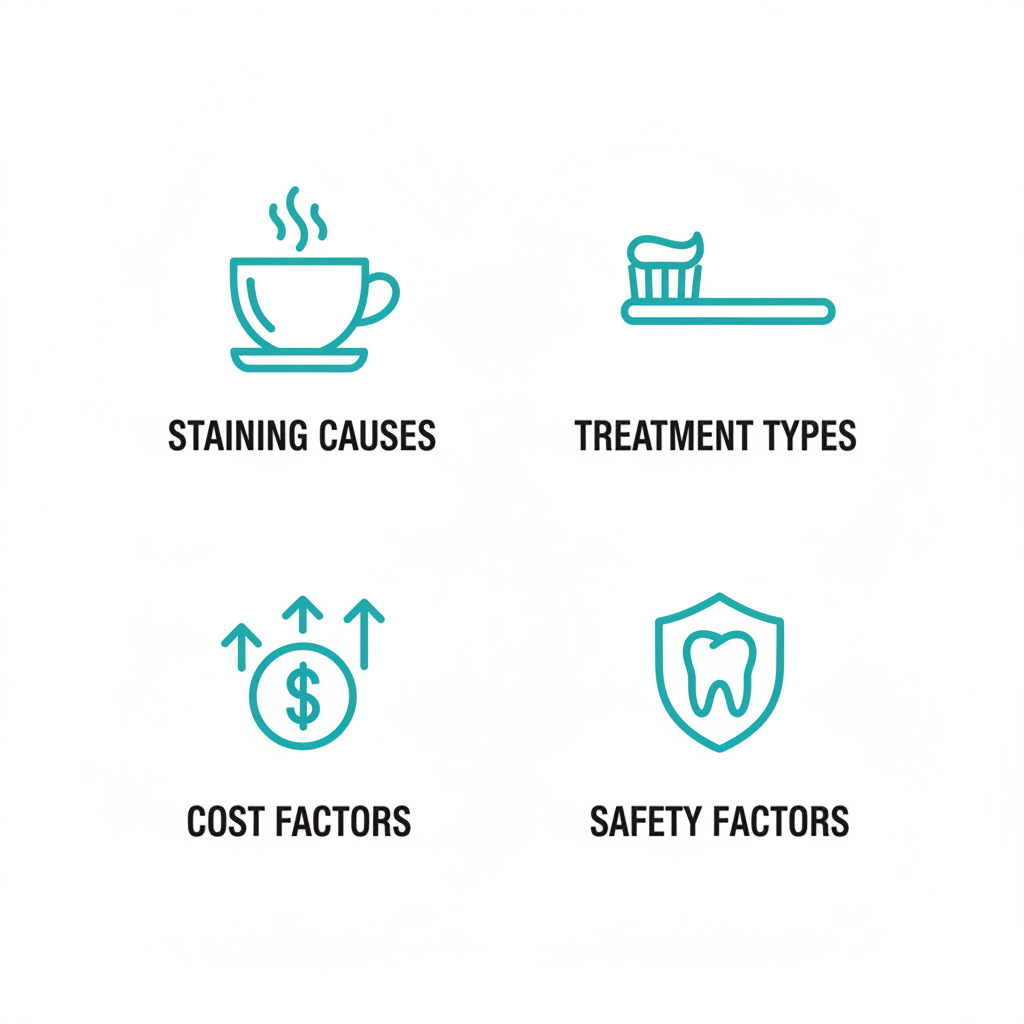 Square grid of icons depicting staining causes (coffee cup), treatment types (toothbrush and gel), cost factors (dollar sign), and safety considerations (shield) for teeth whitening.